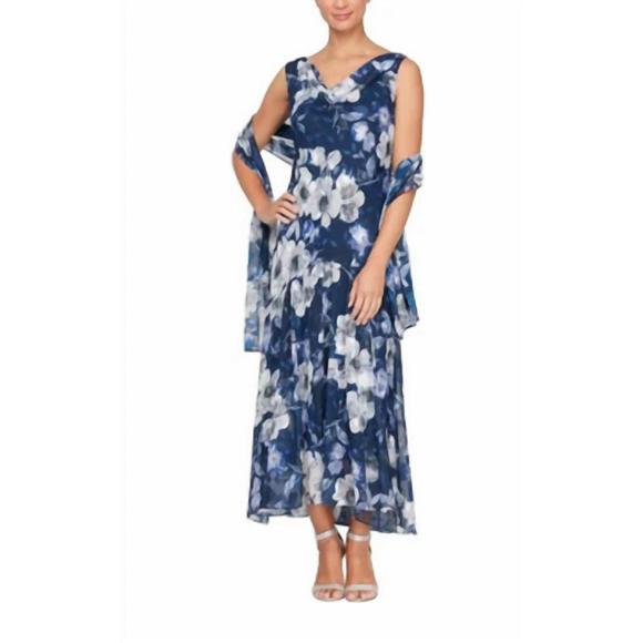 NEW ALEX EVENINGS floral print tea length dress in navy/multi
